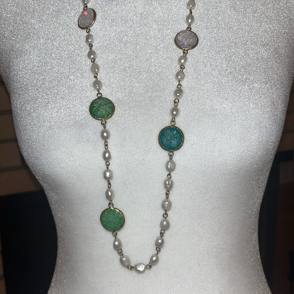Gold chain w/green & blue glass discs
